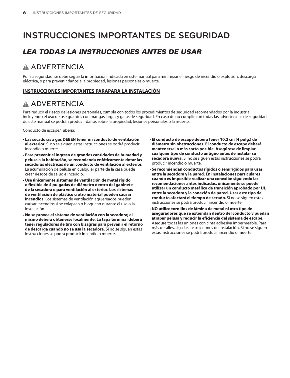 Instrucciones importantes de seguridad, Advertencia, Lea todas la instrucciones antes de usar | LG DLG4902W User Manual | Page 44 / 80