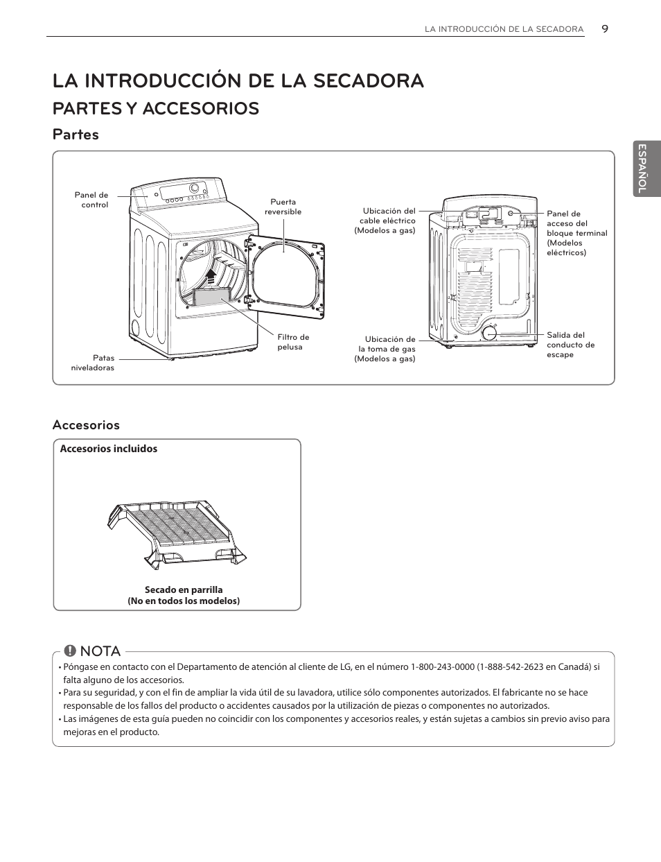 La introducción de la secadora, Partes y accesorios, Partes | Nota, Accesorios | LG DLG4902W User Manual | Page 47 / 80