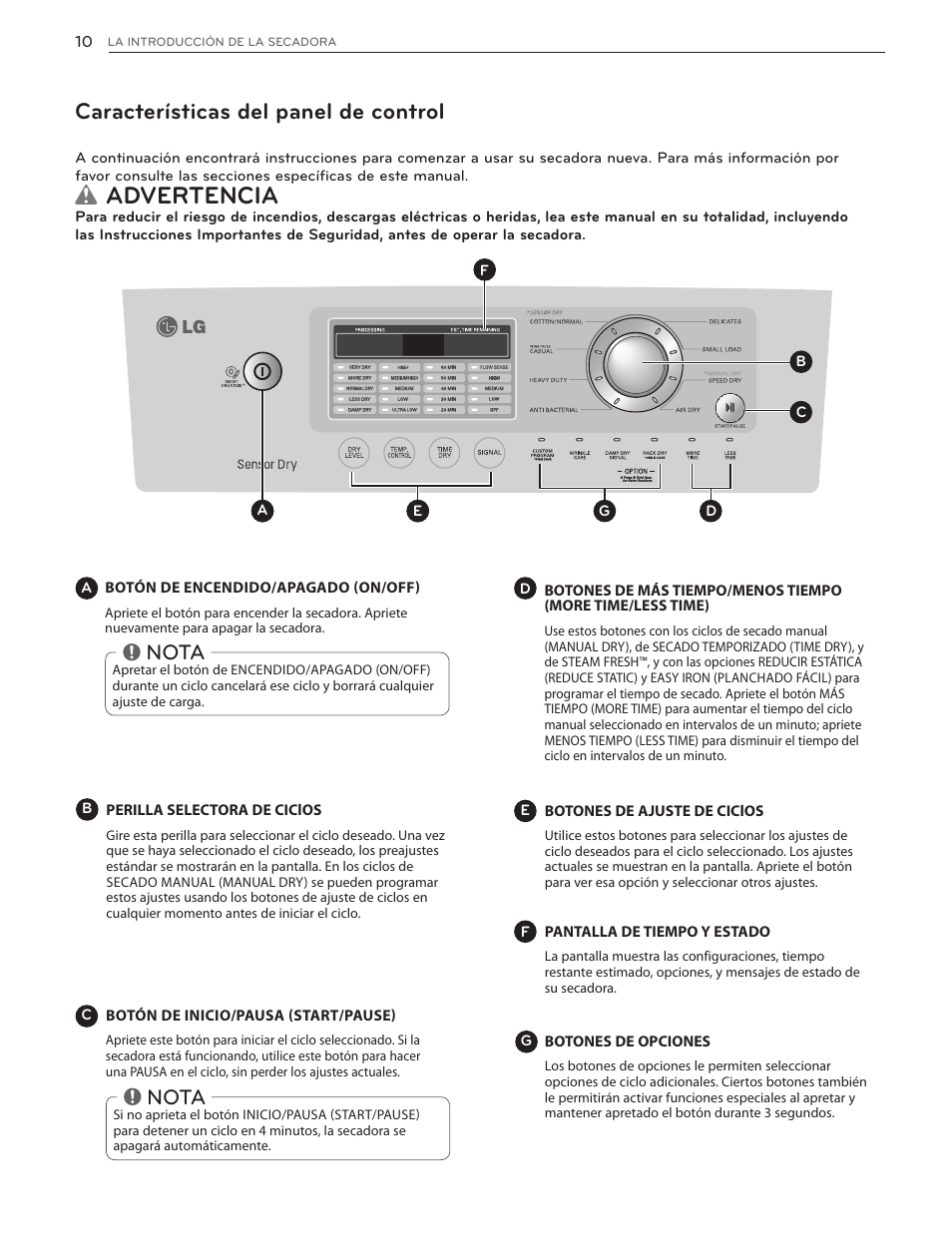 Wadvertencia, Características del panel de control, Nota | LG DLG4902W User Manual | Page 48 / 80