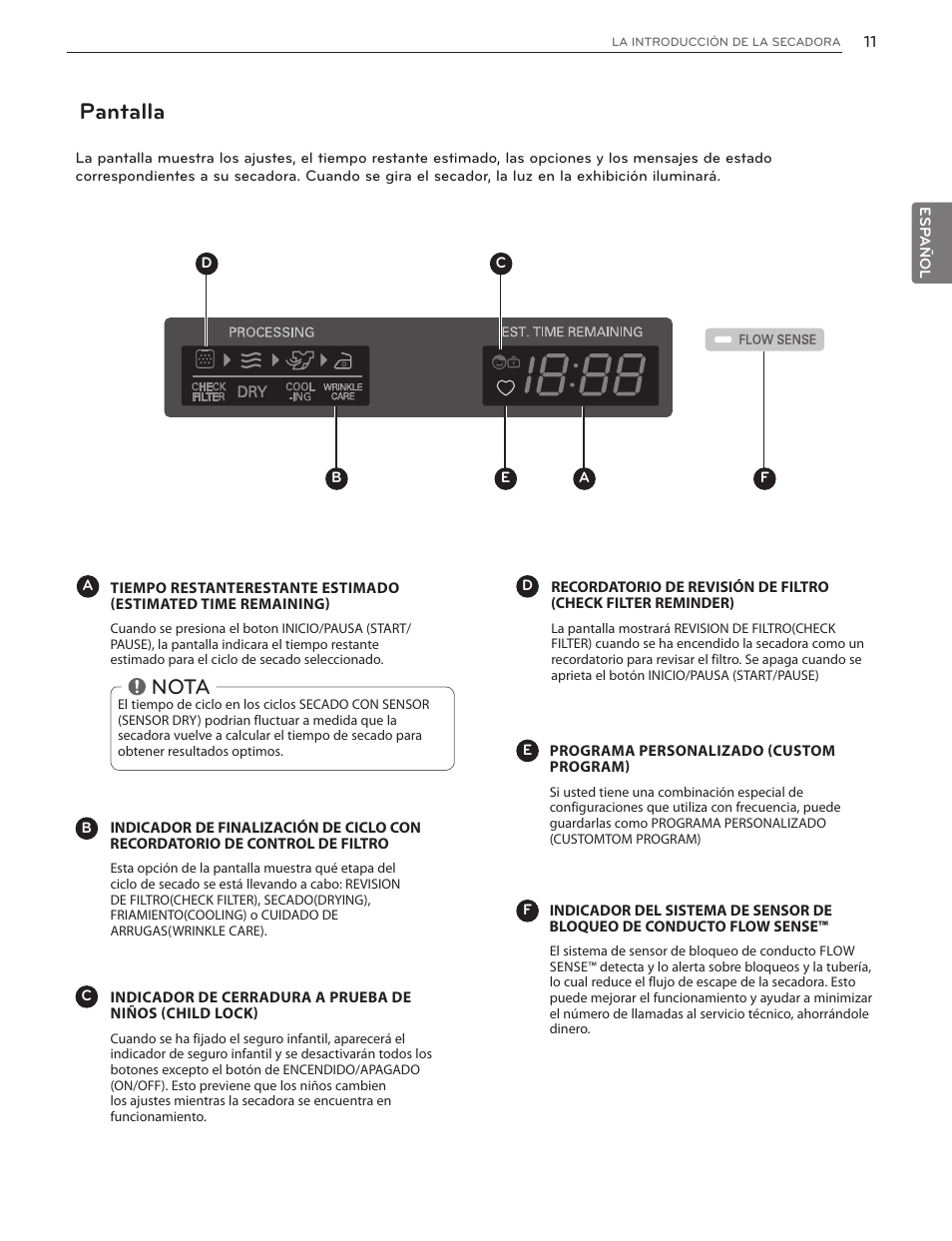 Pantalla, Nota | LG DLG4902W User Manual | Page 49 / 80