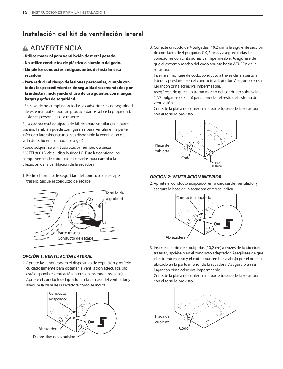 Advertencia, Instalación del kit de ventilación lateral | LG DLG4902W User Manual | Page 54 / 80