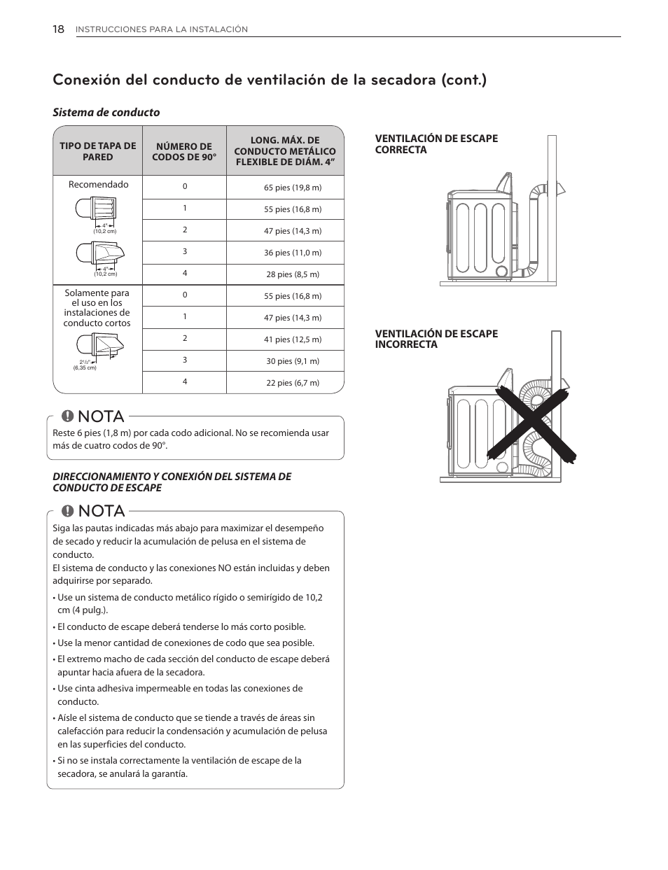 Nota, Sistema de conducto | LG DLG4902W User Manual | Page 56 / 80