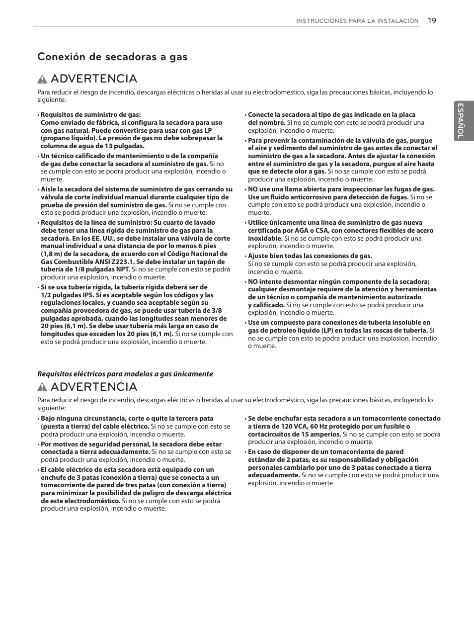 Advertencia, Conexión de secadoras a gas | LG DLG4902W User Manual | Page 57 / 80