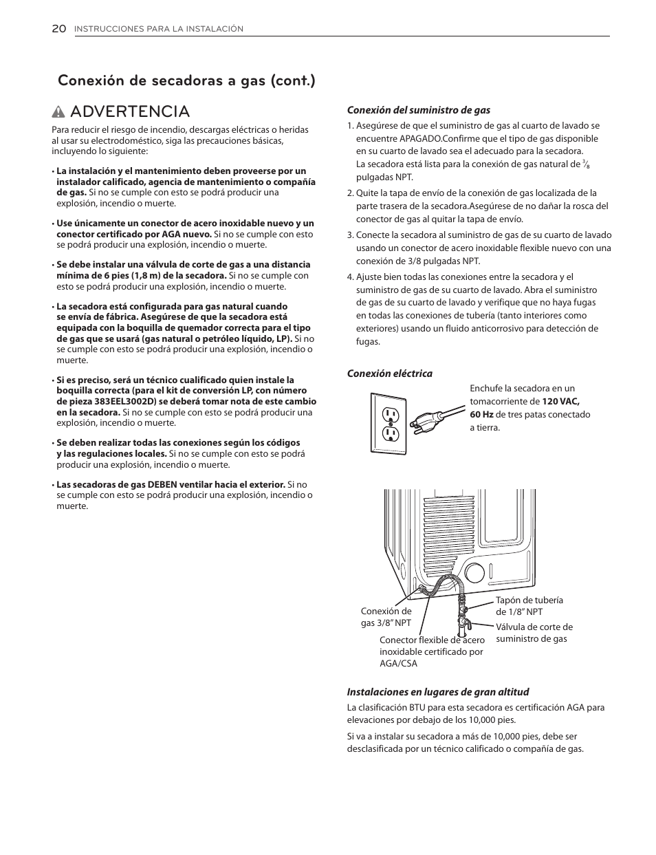 Advertencia, Conexión de secadoras a gas (cont.) | LG DLG4902W User Manual | Page 58 / 80