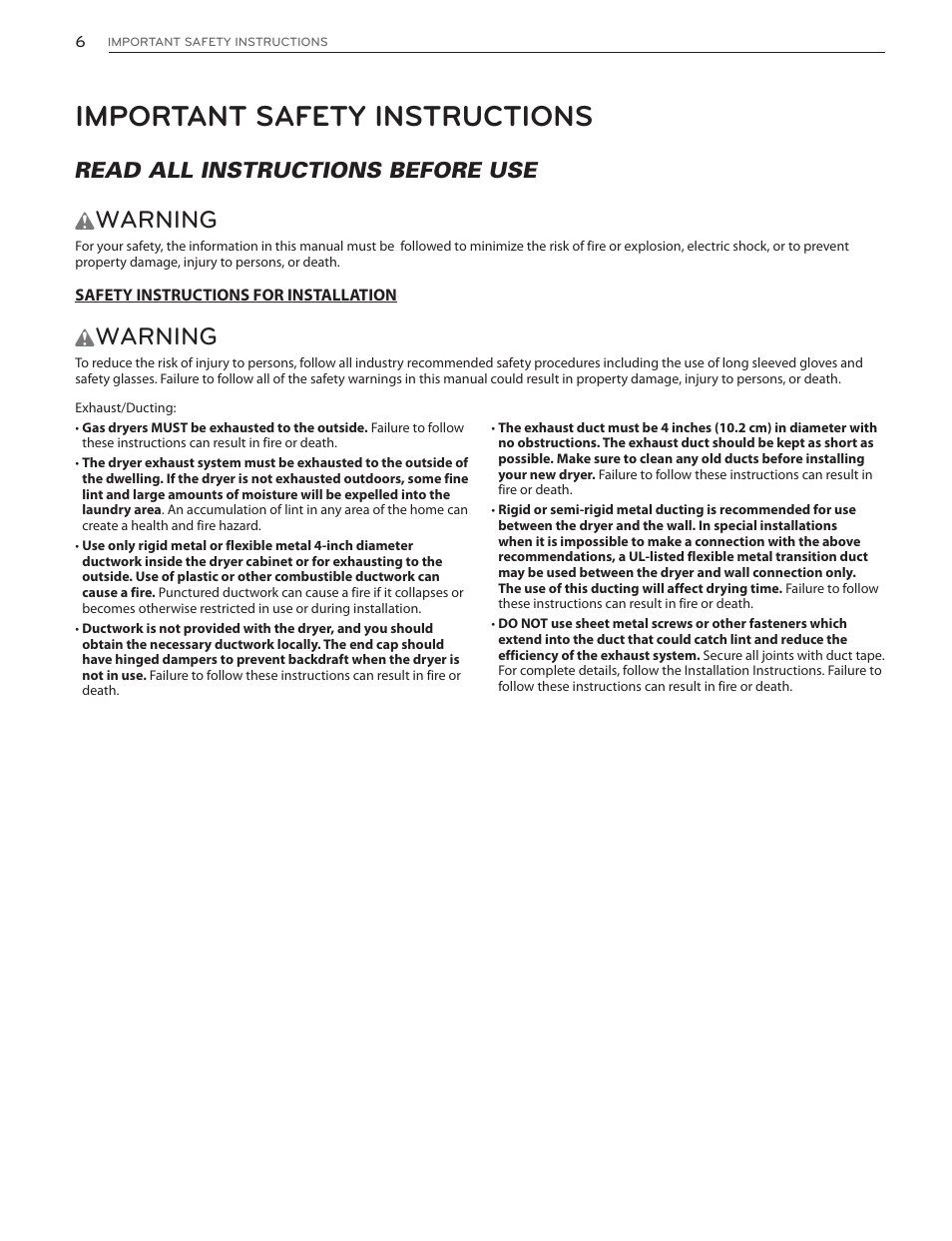 Important safety instructions, Warning, Read all instructions before use | LG DLG4902W User Manual | Page 6 / 80