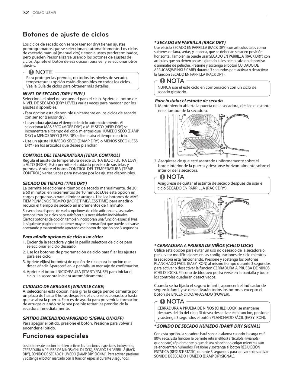 Botones de ajuste de ciclos, Funciones especiales, Nota | LG DLG4902W User Manual | Page 70 / 80