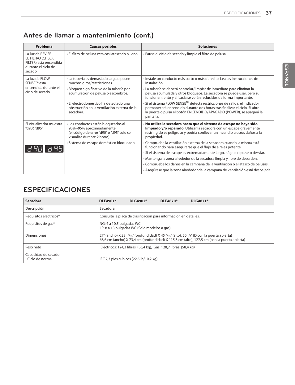 Antes de llamar a mantenimiento (cont.), Especificaciones | LG DLG4902W User Manual | Page 75 / 80