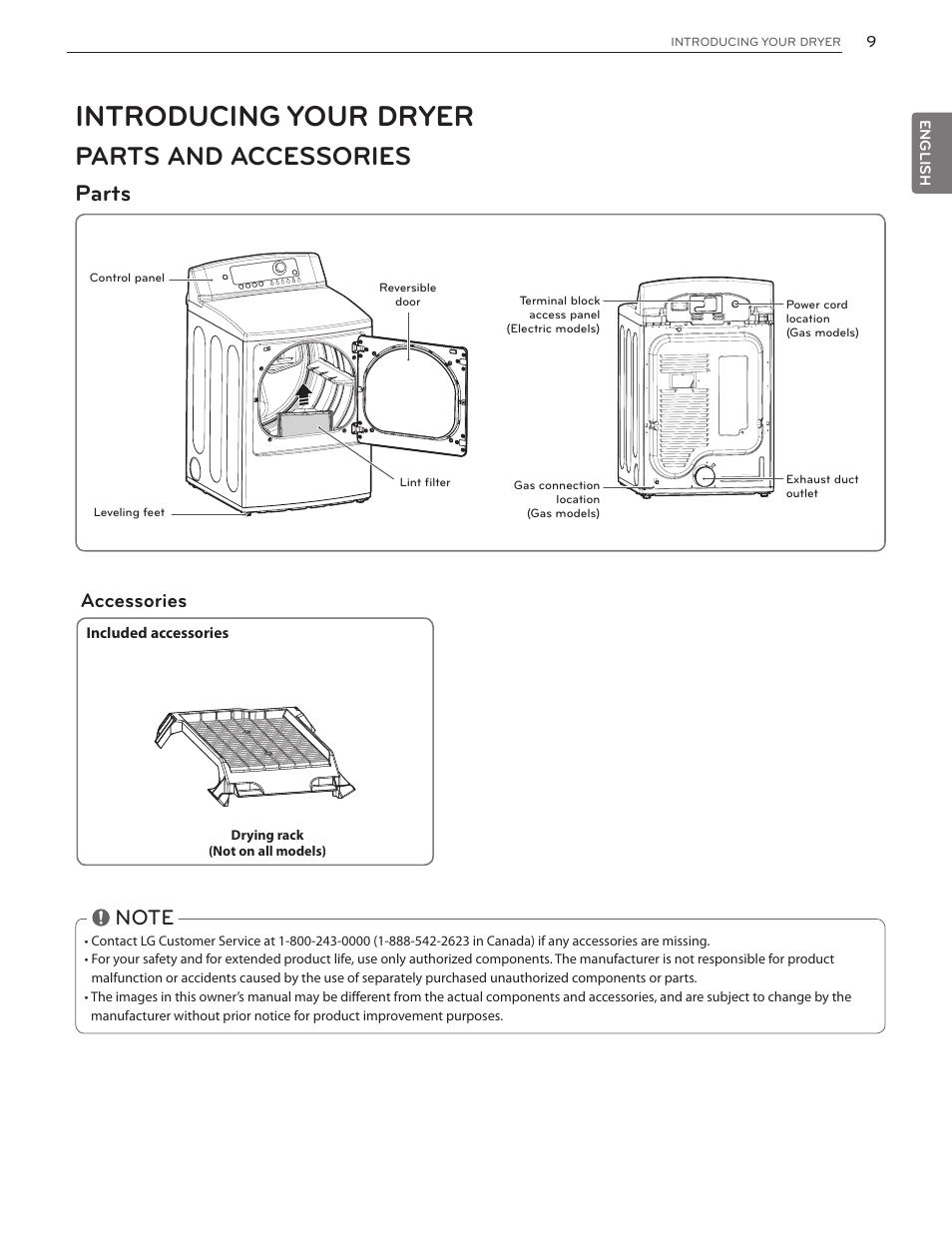 Introducing your dryer, Parts and accessories, Parts | Accessories | LG DLG4902W User Manual | Page 9 / 80