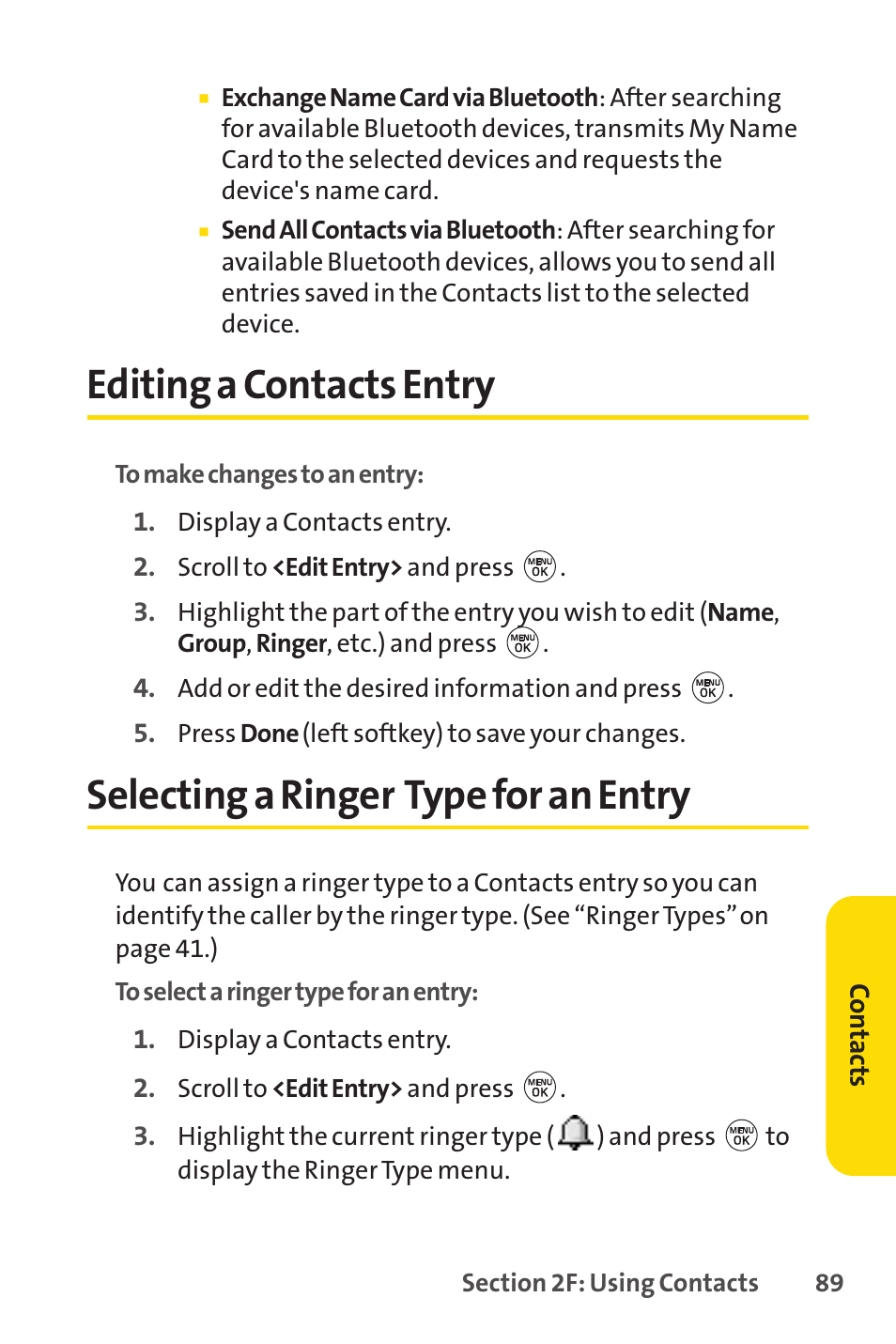 Editing a contacts entry, Selecting a ringer type for an entry | LG LX150 User Manual | Page 102 / 189