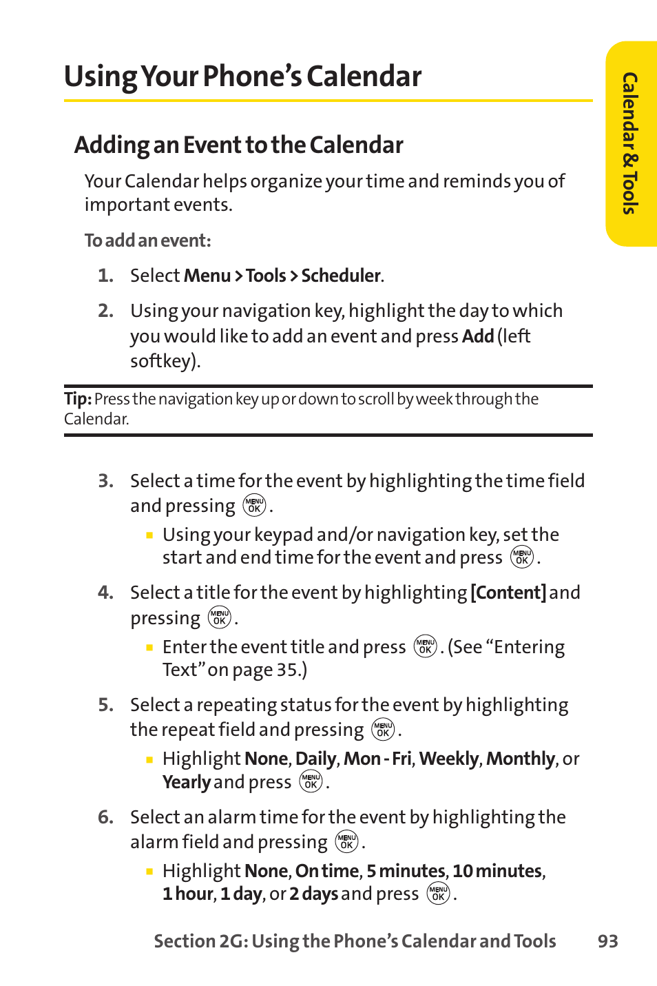 Using your phone’s calendar, Adding an event to the calendar | LG LX150 User Manual | Page 106 / 189