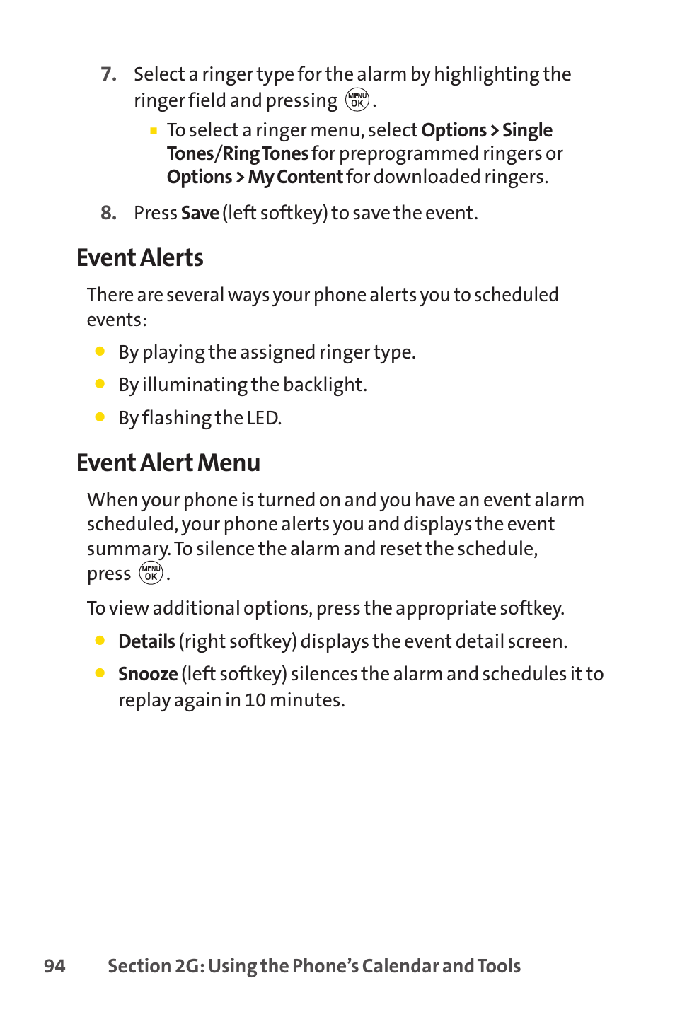 Event alerts, Event alert menu | LG LX150 User Manual | Page 107 / 189