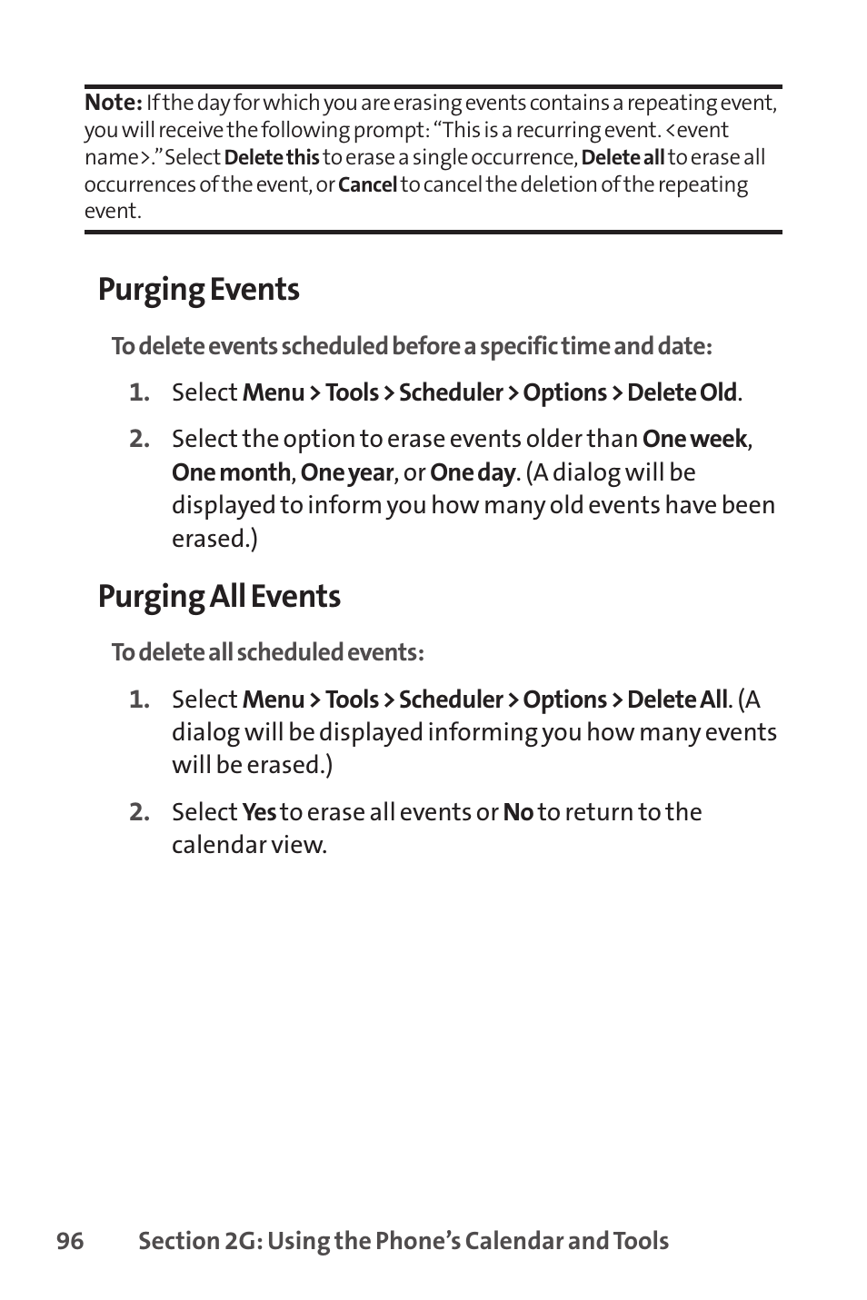 Purging events, Purging all events | LG LX150 User Manual | Page 109 / 189