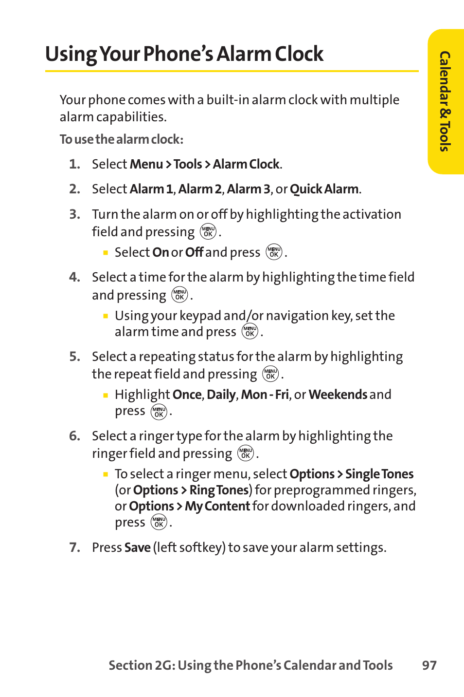 Using your phone’s alarm clock | LG LX150 User Manual | Page 110 / 189