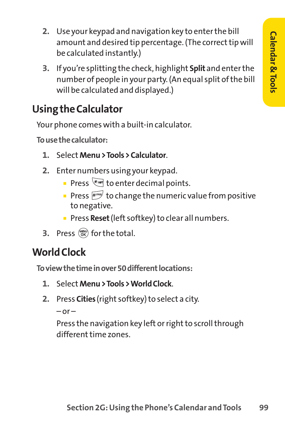 Using the calculator, World clock | LG LX150 User Manual | Page 112 / 189