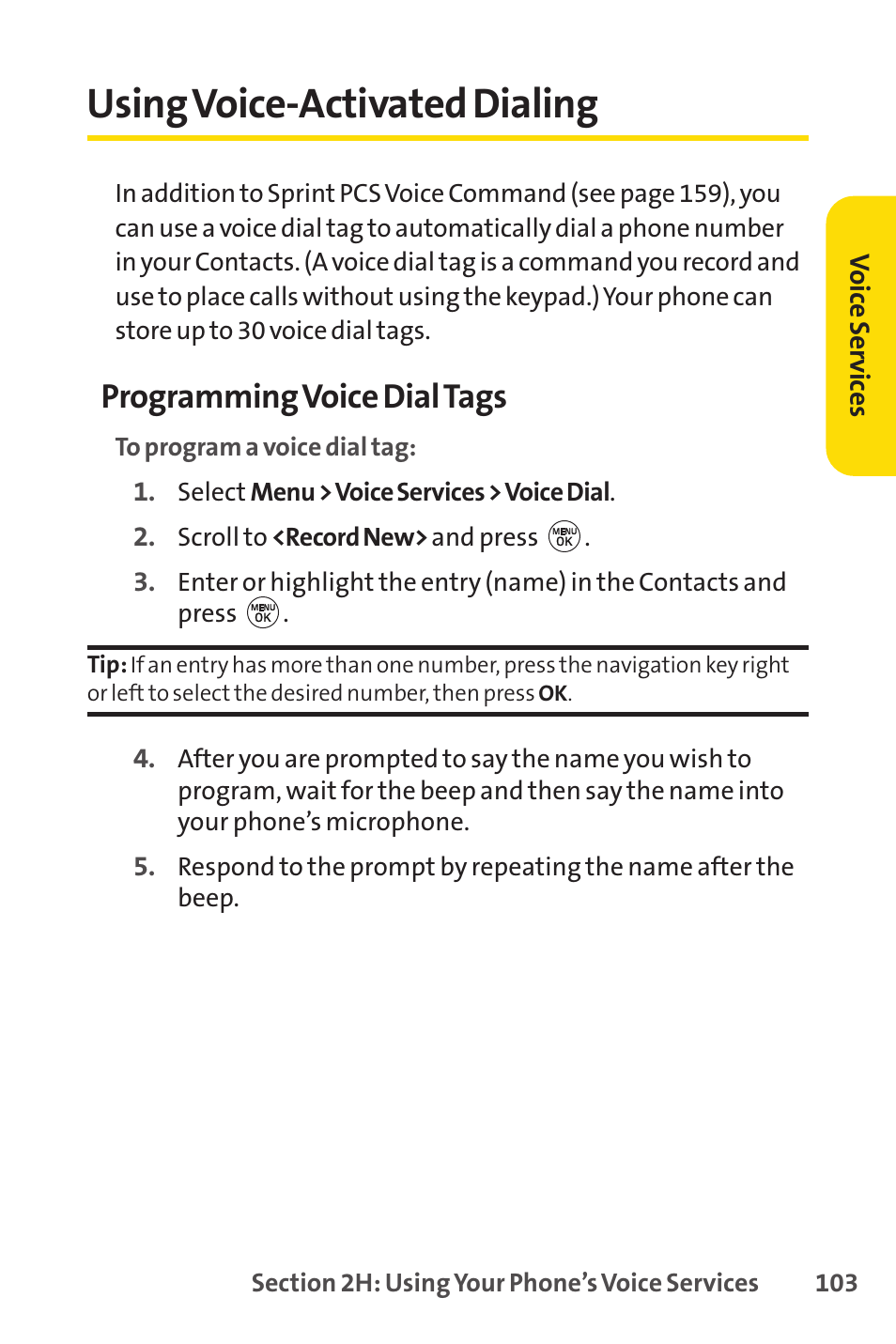 Using voice-activated dialing, Programming voice dial tags | LG LX150 User Manual | Page 116 / 189