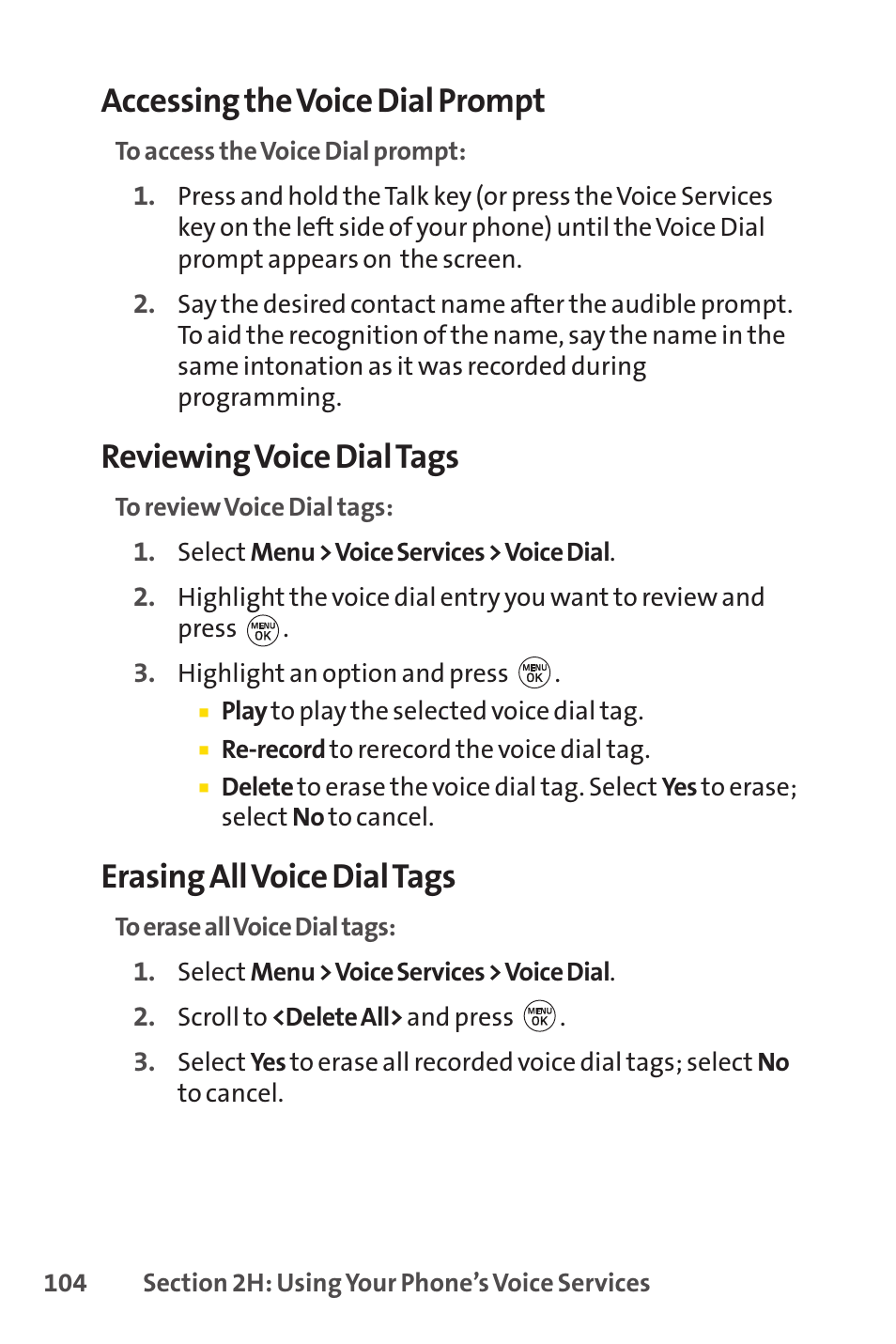 Accessing the voice dial prompt, Reviewing voice dial tags, Erasing all voice dial tags | LG LX150 User Manual | Page 117 / 189