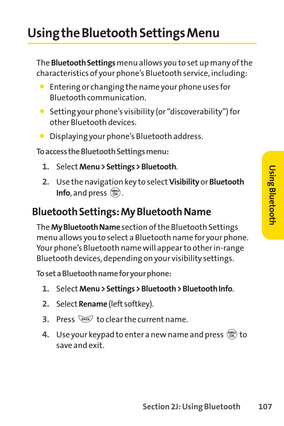 Using the bluetooth settings menu, Bluetooth settings: my bluetooth name | LG LX150 User Manual | Page 120 / 189