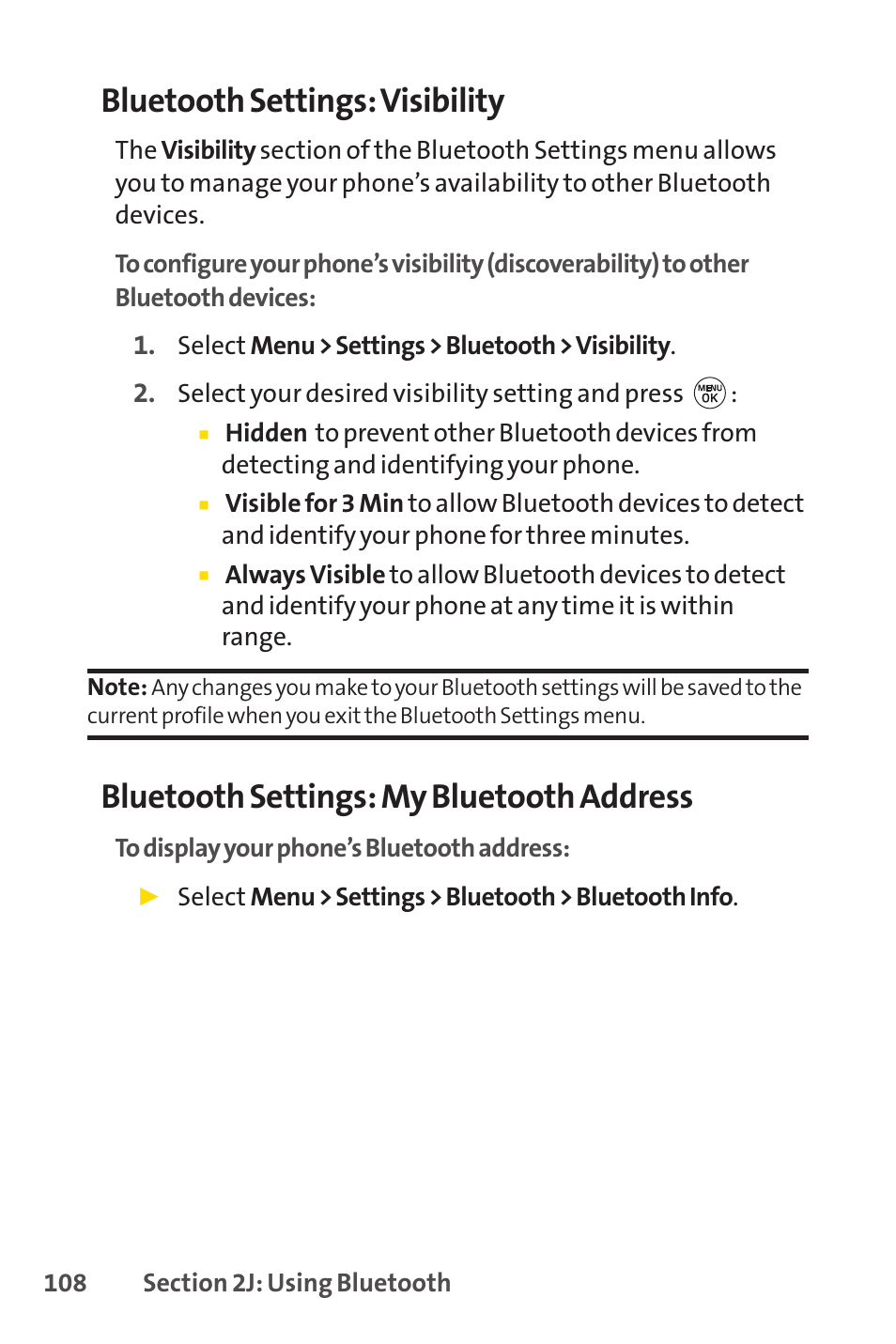 Bluetooth settings: visibility, Bluetooth settings: my bluetooth address | LG LX150 User Manual | Page 121 / 189