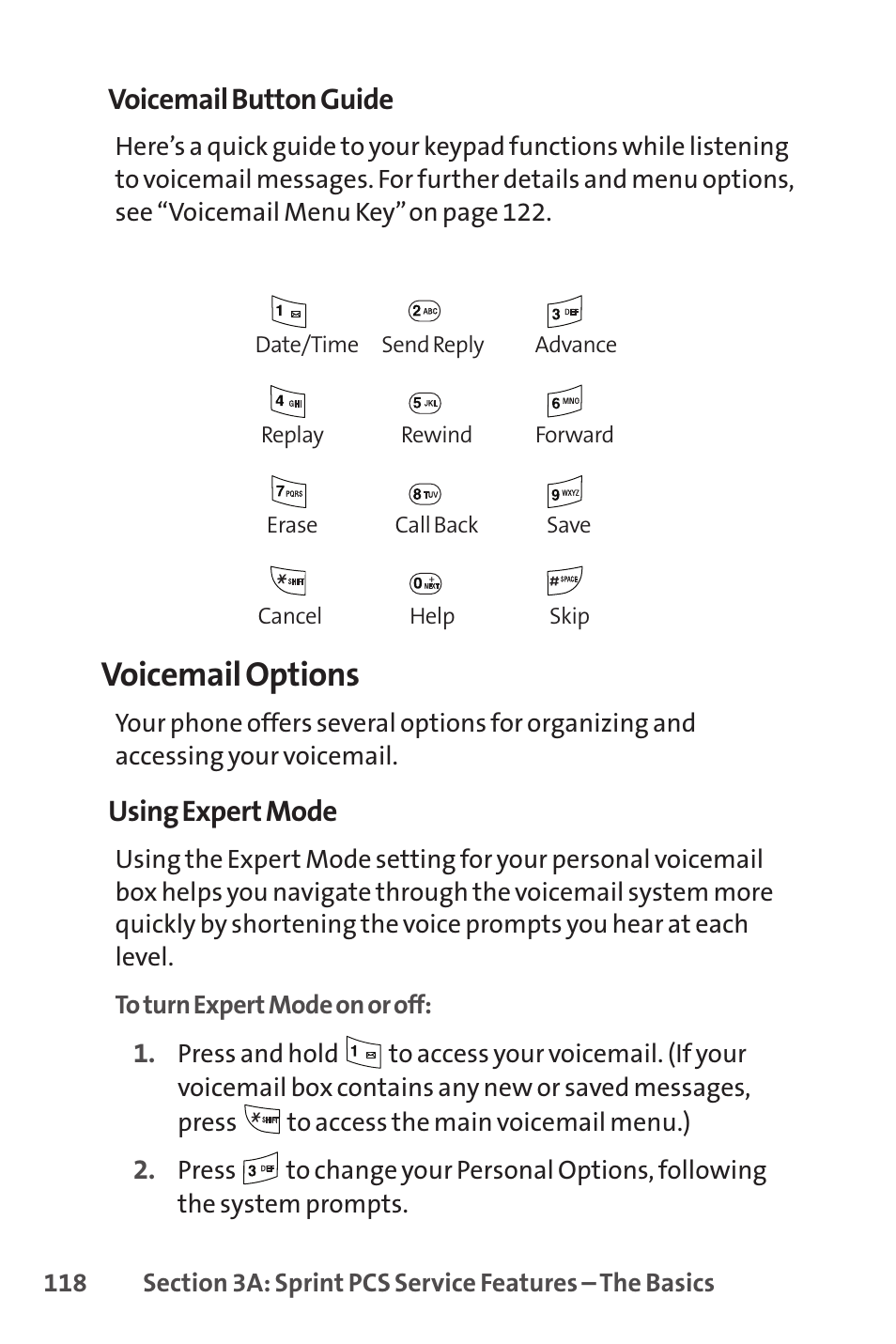 Voicemail options, Voicemail button guide, Using expert mode | LG LX150 User Manual | Page 131 / 189