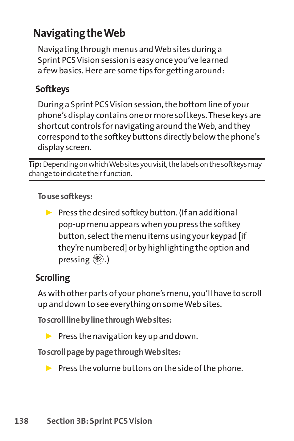 Navigating the web, Softkeys, Scrolling | LG LX150 User Manual | Page 151 / 189