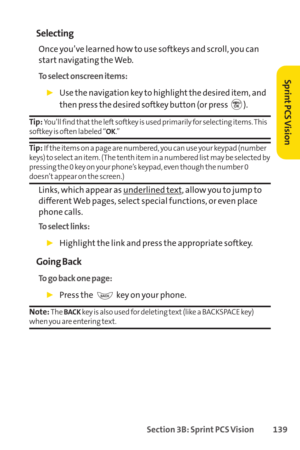 Selecting, Going back | LG LX150 User Manual | Page 152 / 189