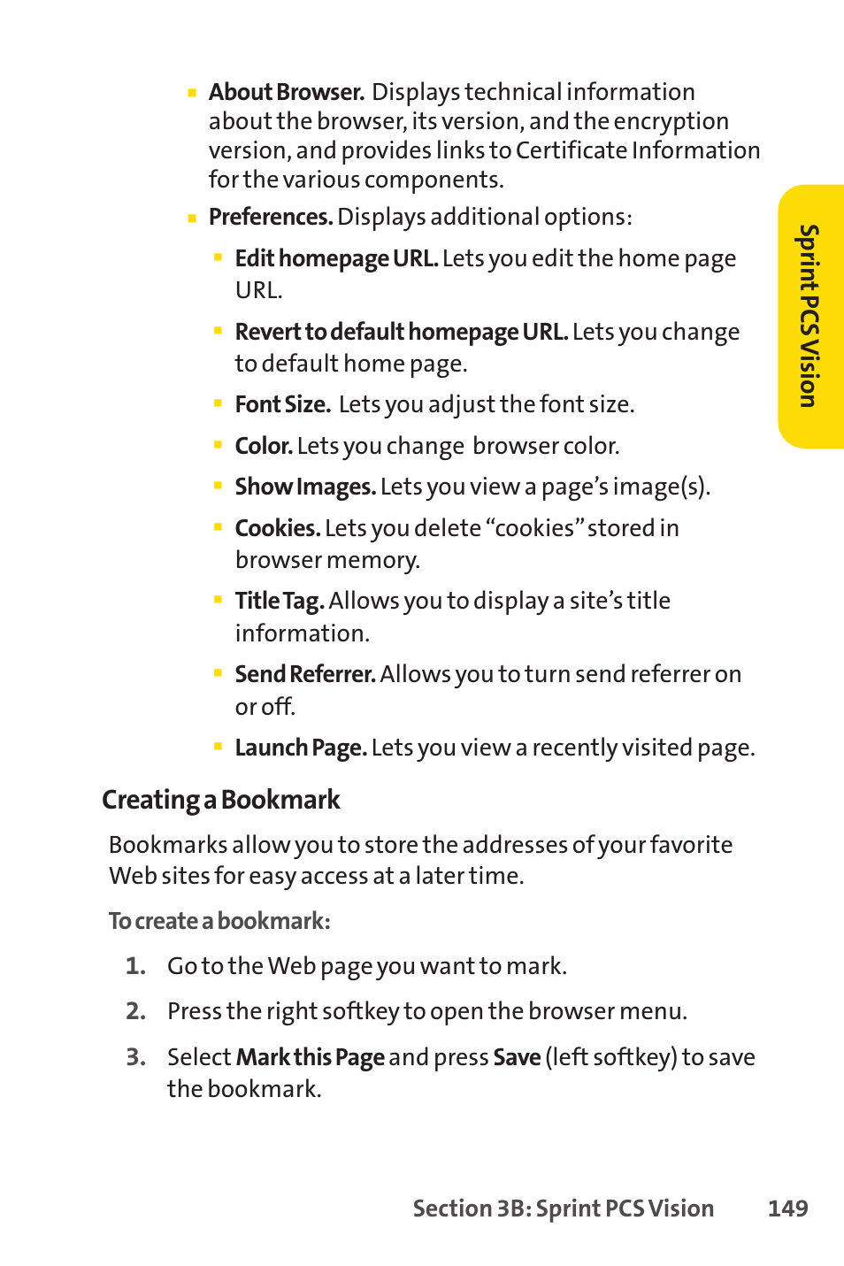 Creating a bookmark, Sprin t pcs v ision | LG LX150 User Manual | Page 162 / 189