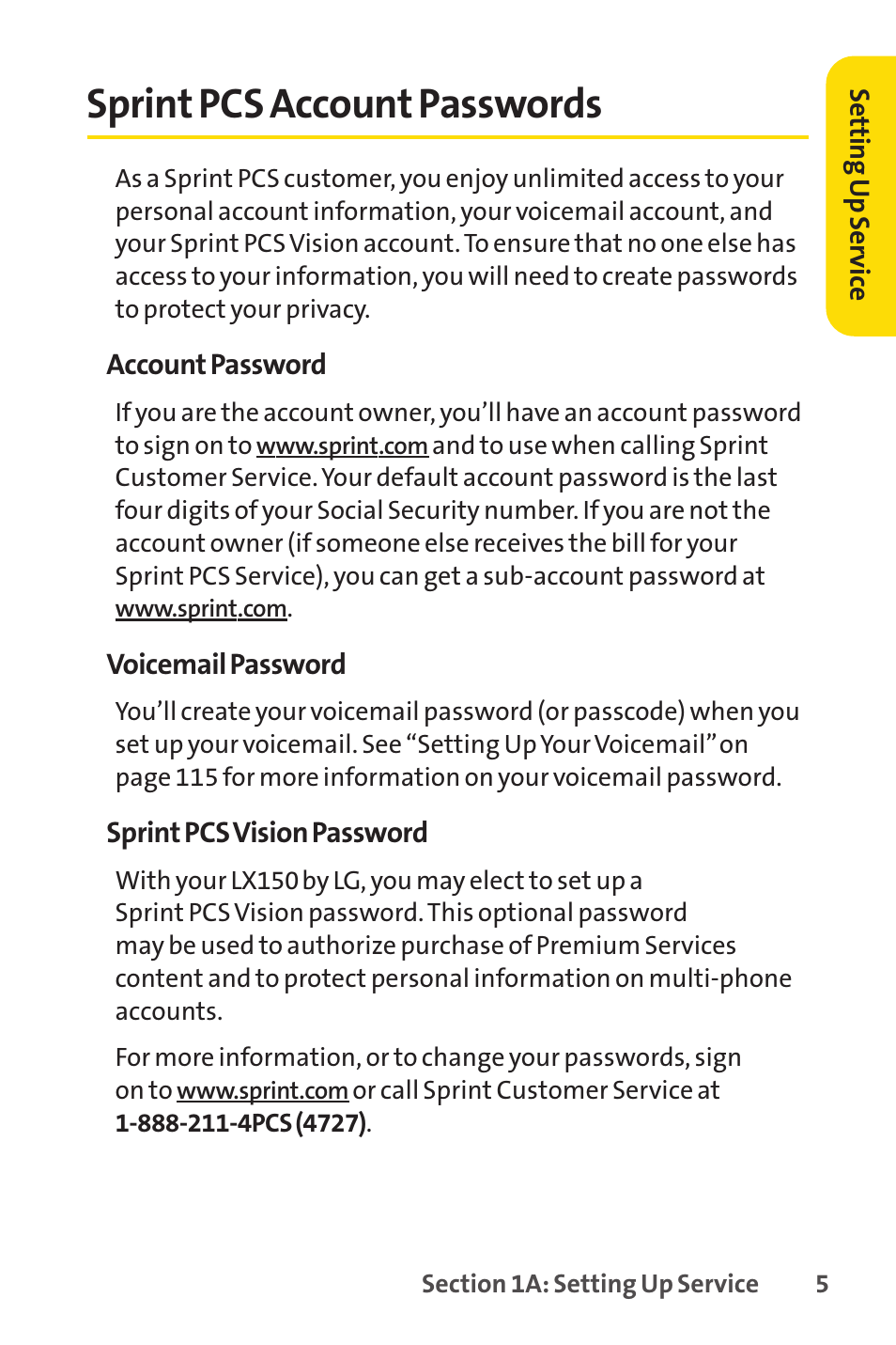 Sprint pcs account passwords | LG LX150 User Manual | Page 18 / 189