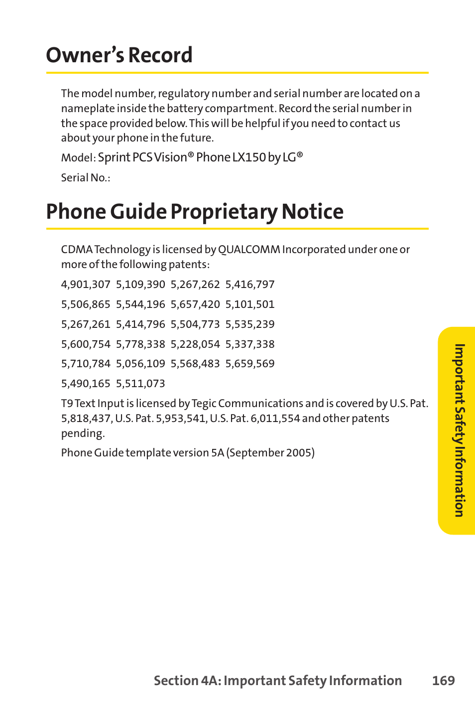 Owner’s record, Phone guide proprietary notice | LG LX150 User Manual | Page 182 / 189