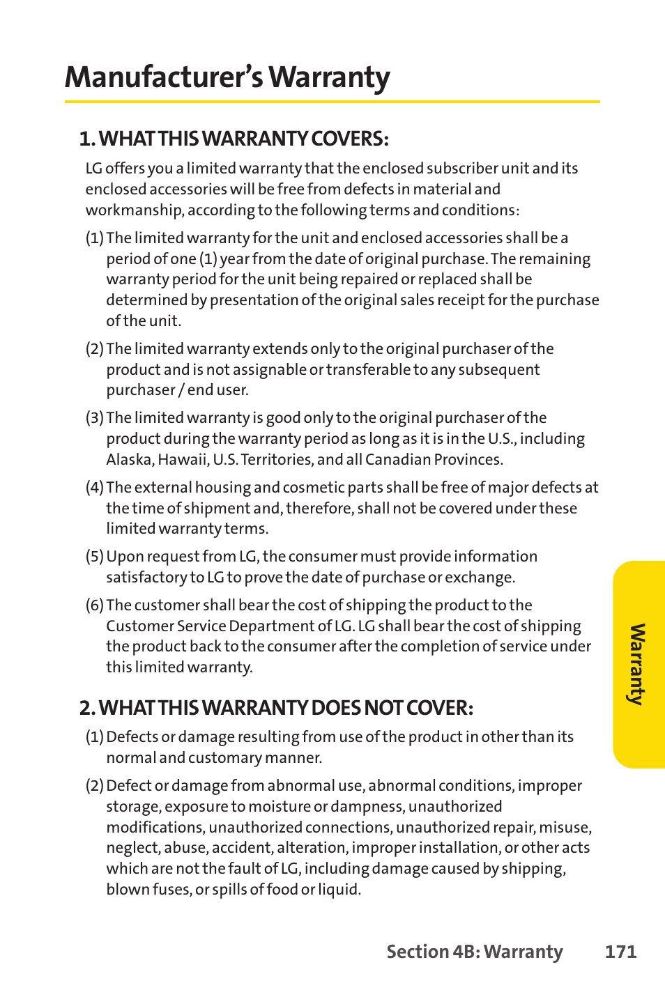 Manufacturer’s warranty, What this warranty covers, What this warranty does not cover | Warr an ty | LG LX150 User Manual | Page 184 / 189