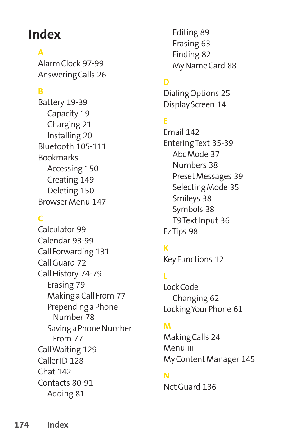 Index | LG LX150 User Manual | Page 187 / 189