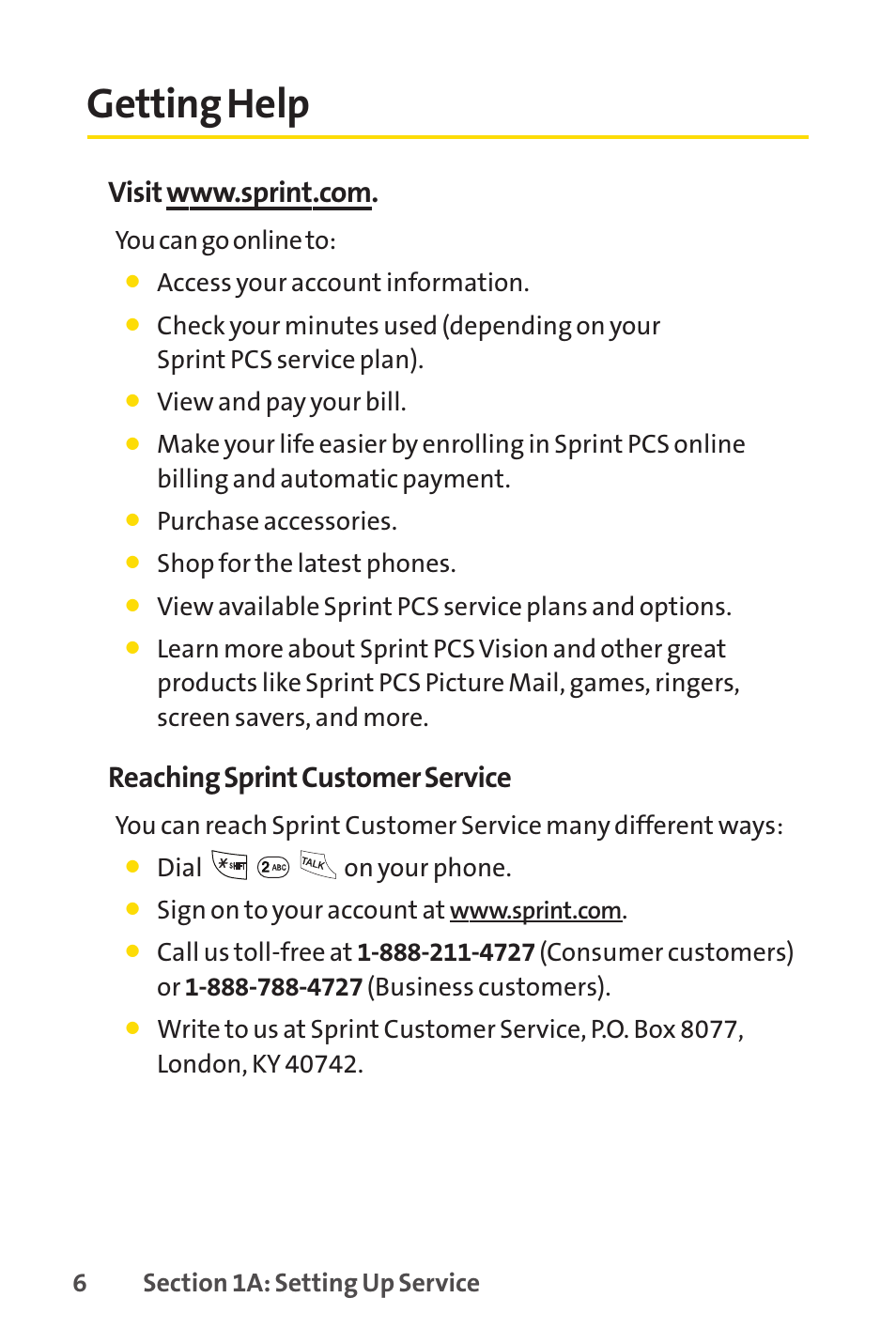 Getting help, Reaching sprint customer service | LG LX150 User Manual | Page 19 / 189