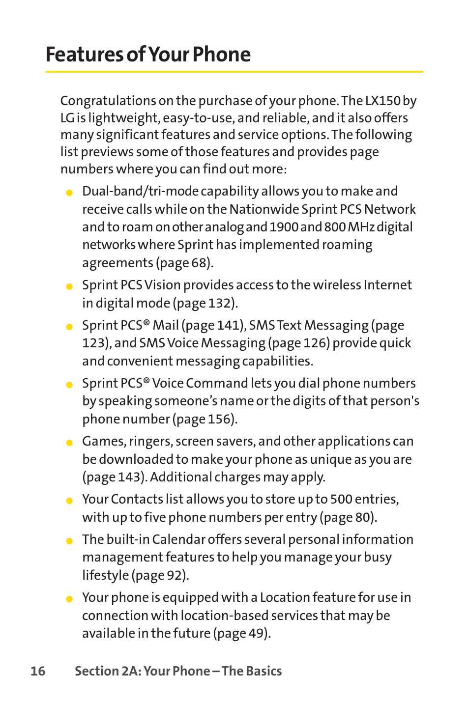 Features of your phone | LG LX150 User Manual | Page 29 / 189