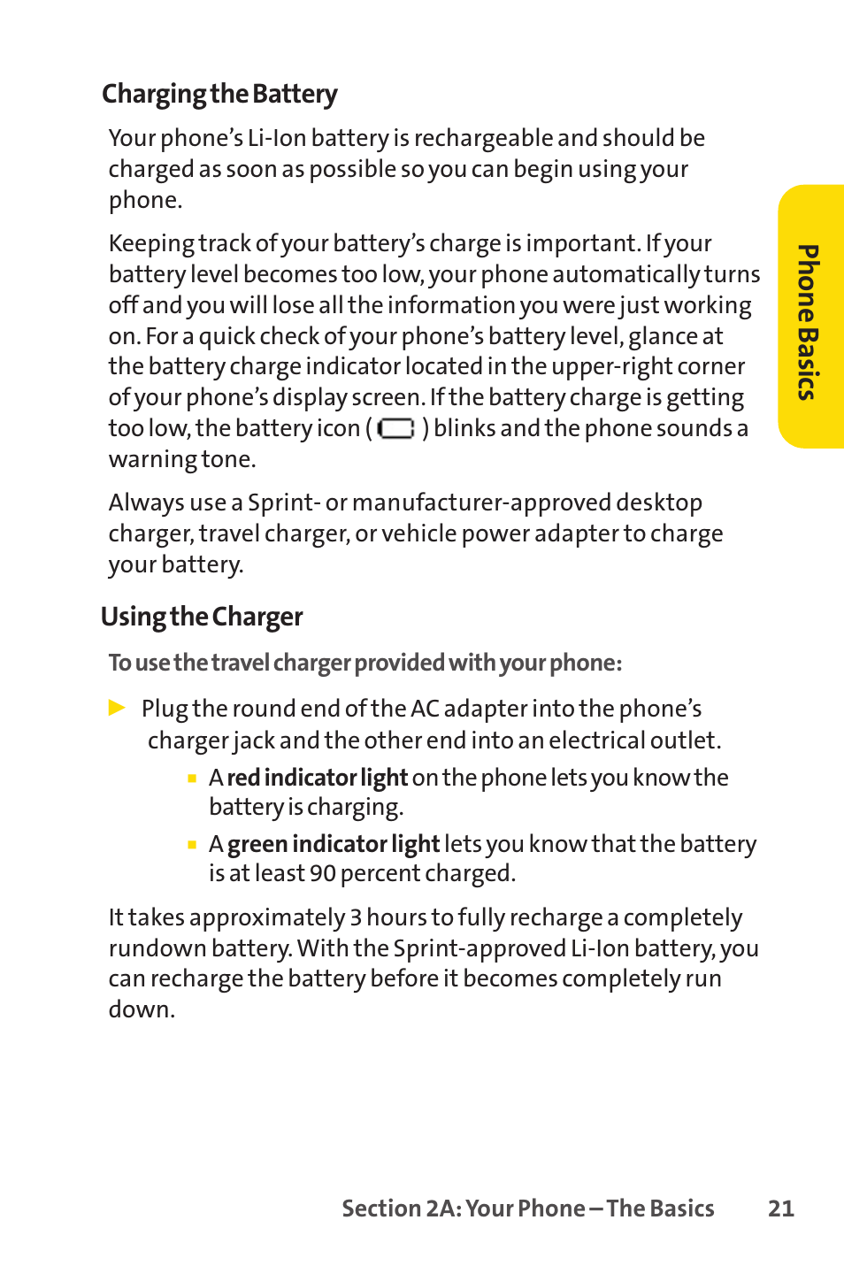 Phone basics, Charging the battery, Using the charger | LG LX150 User Manual | Page 34 / 189
