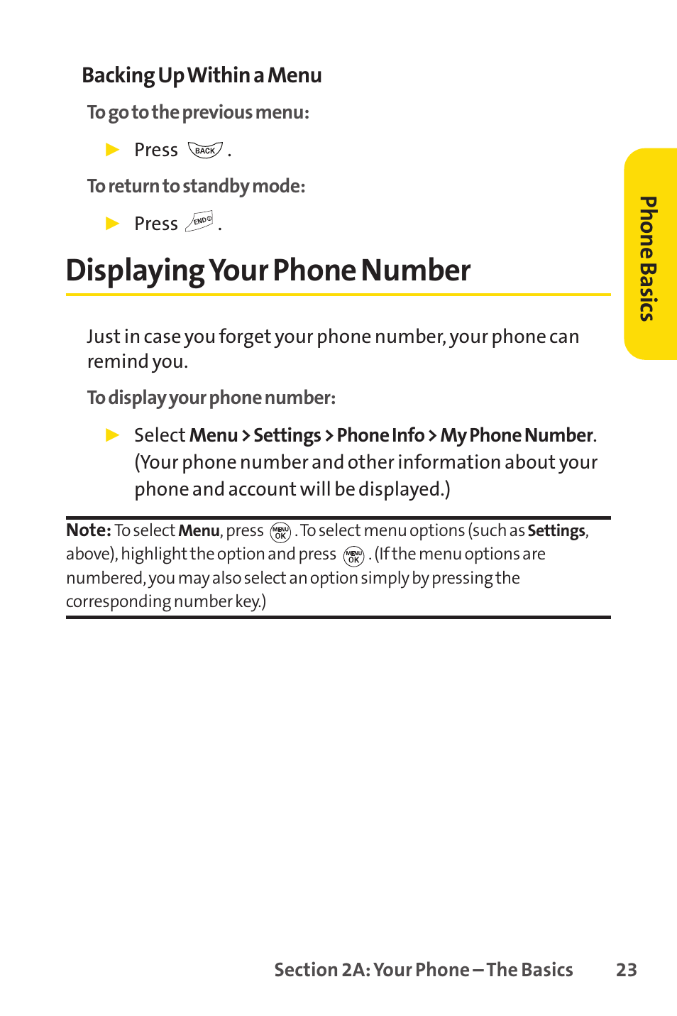 Displayingyour phone number, Phone basics, Backing up within a menu | LG LX150 User Manual | Page 36 / 189