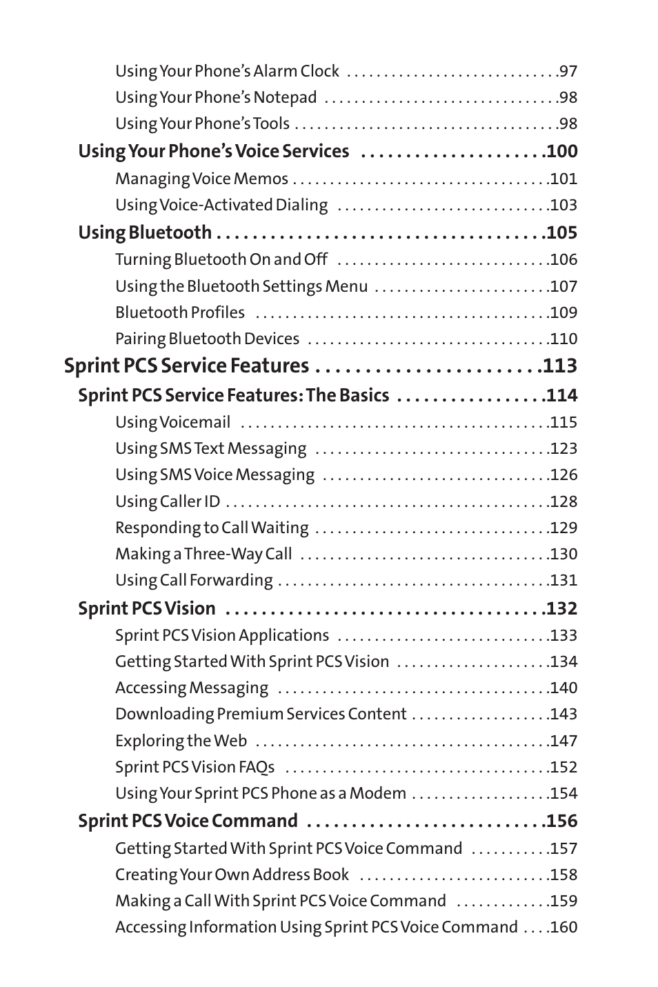 Sprint pcs service features | LG LX150 User Manual | Page 5 / 189