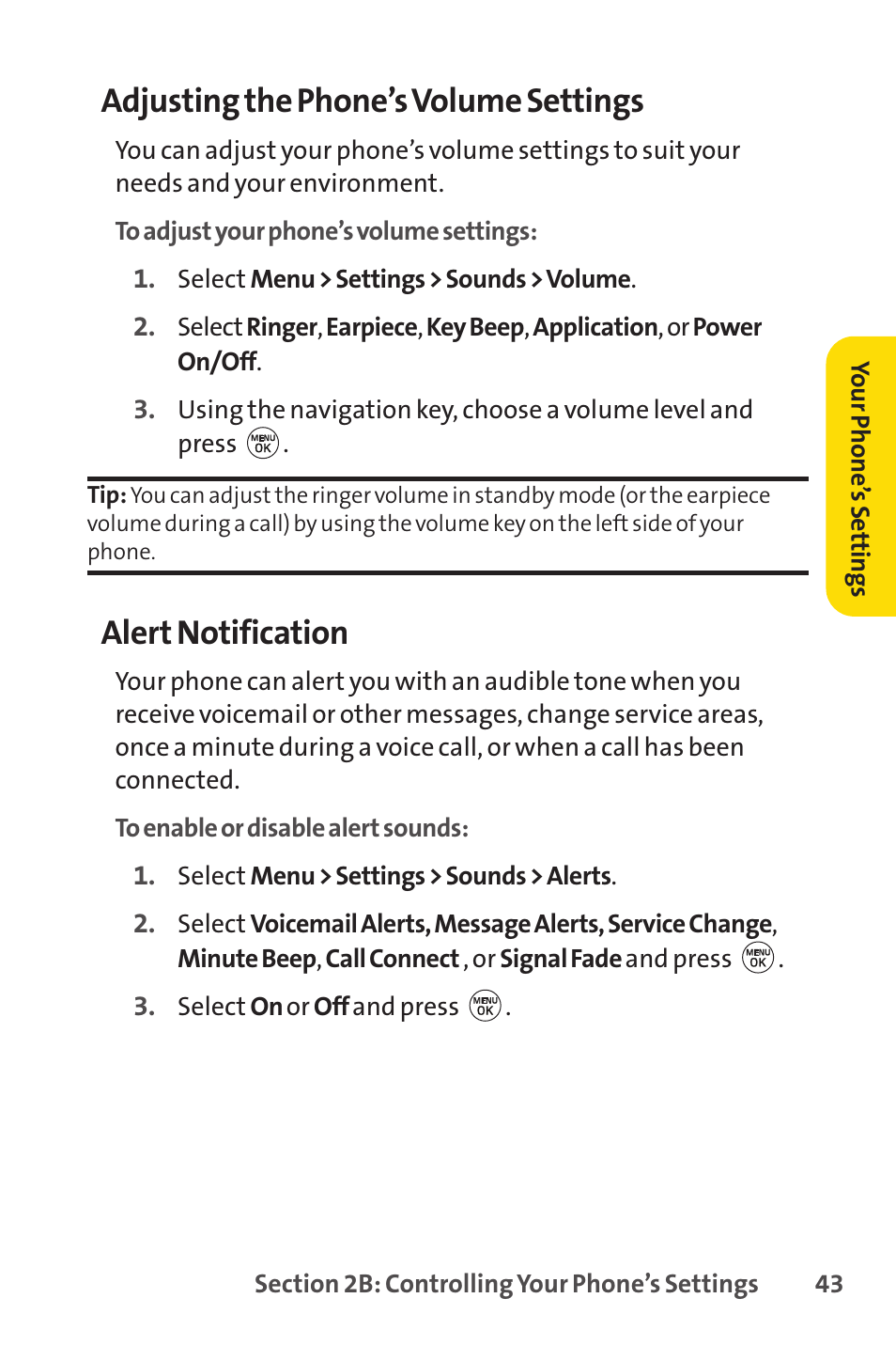 Adjusting the phone’s volume settings, Alert notification | LG LX150 User Manual | Page 56 / 189