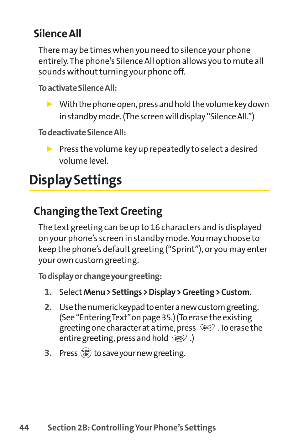 Display settings, Silence all, Changing the text greeting | LG LX150 User Manual | Page 57 / 189