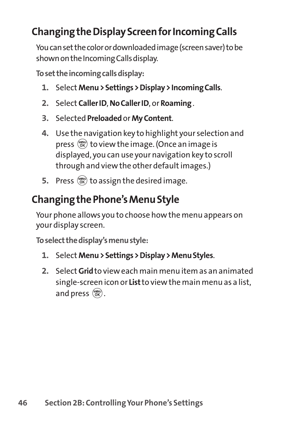 Changing the display screen for incoming calls, Changing the phone’s menu style | LG LX150 User Manual | Page 59 / 189