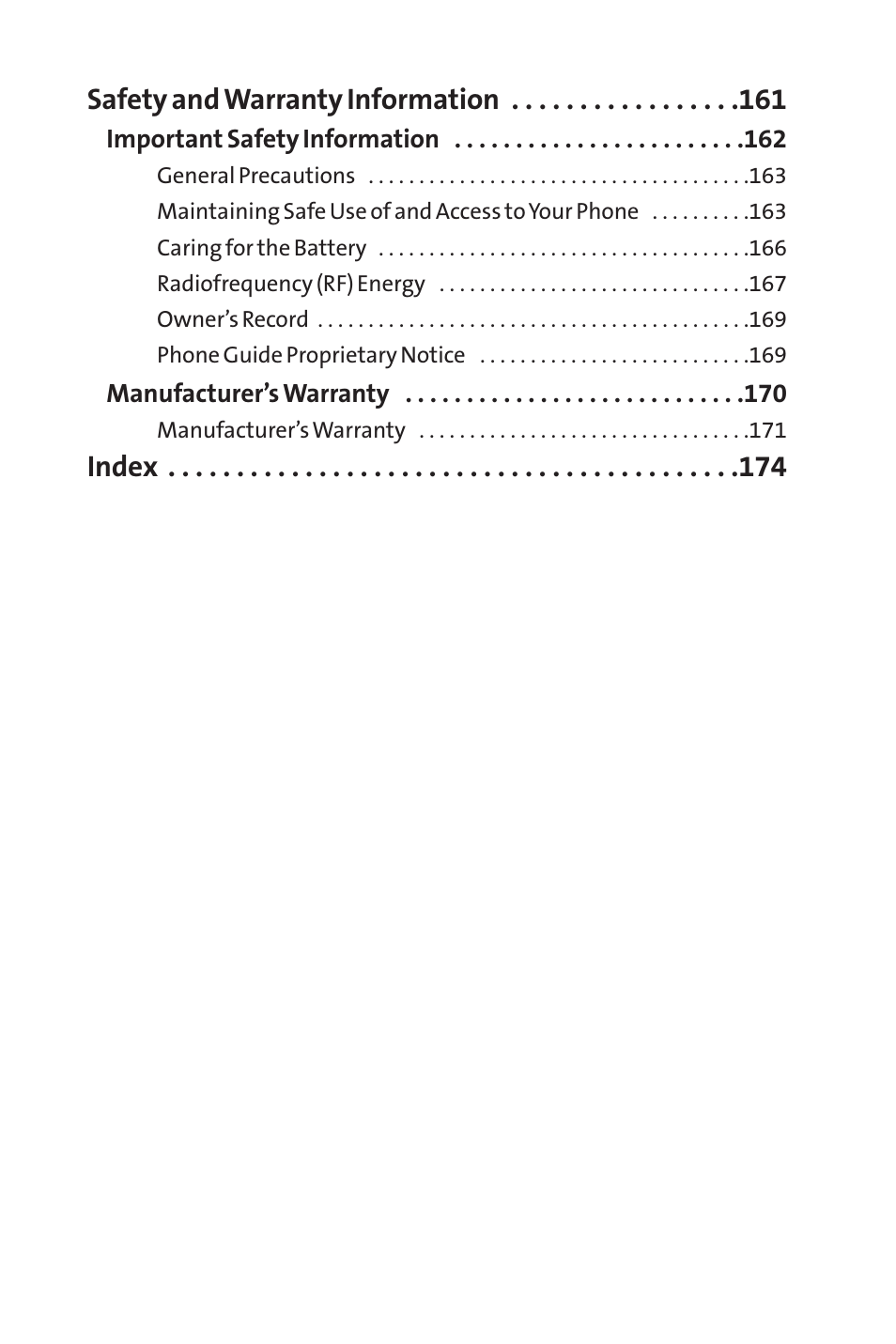 Safety and warranty information, Index | LG LX150 User Manual | Page 6 / 189