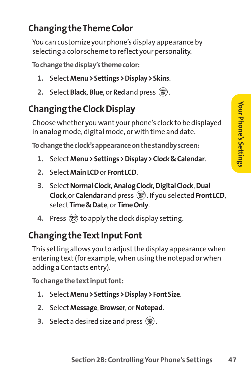 Changing the theme color, Changing the clock display, Changing the text input font | LG LX150 User Manual | Page 60 / 189