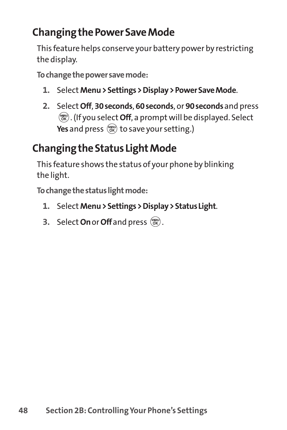 Changing the power save mode, Changing the status light mode | LG LX150 User Manual | Page 61 / 189