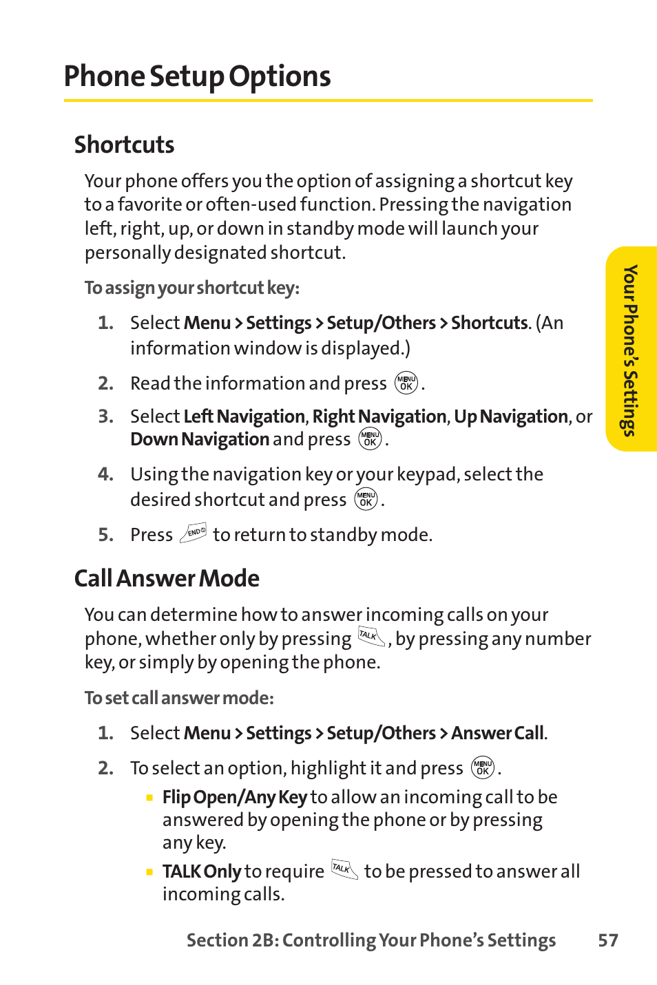 Phone setup options, Shortcuts, Call answer mode | LG LX150 User Manual | Page 70 / 189