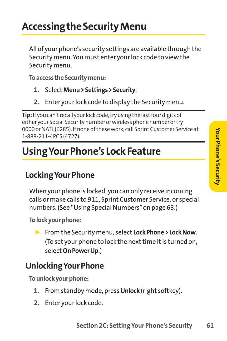 Accessing the security menu, Using your phone’s lock feature, Locking your phone | Unlocking your phone | LG LX150 User Manual | Page 74 / 189