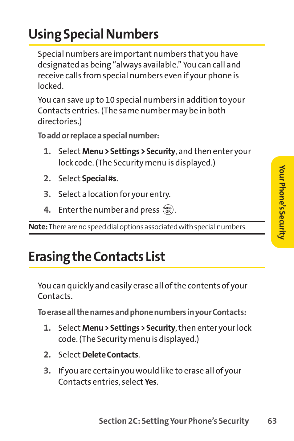 Using special numbers, Erasing the contacts list | LG LX150 User Manual | Page 76 / 189