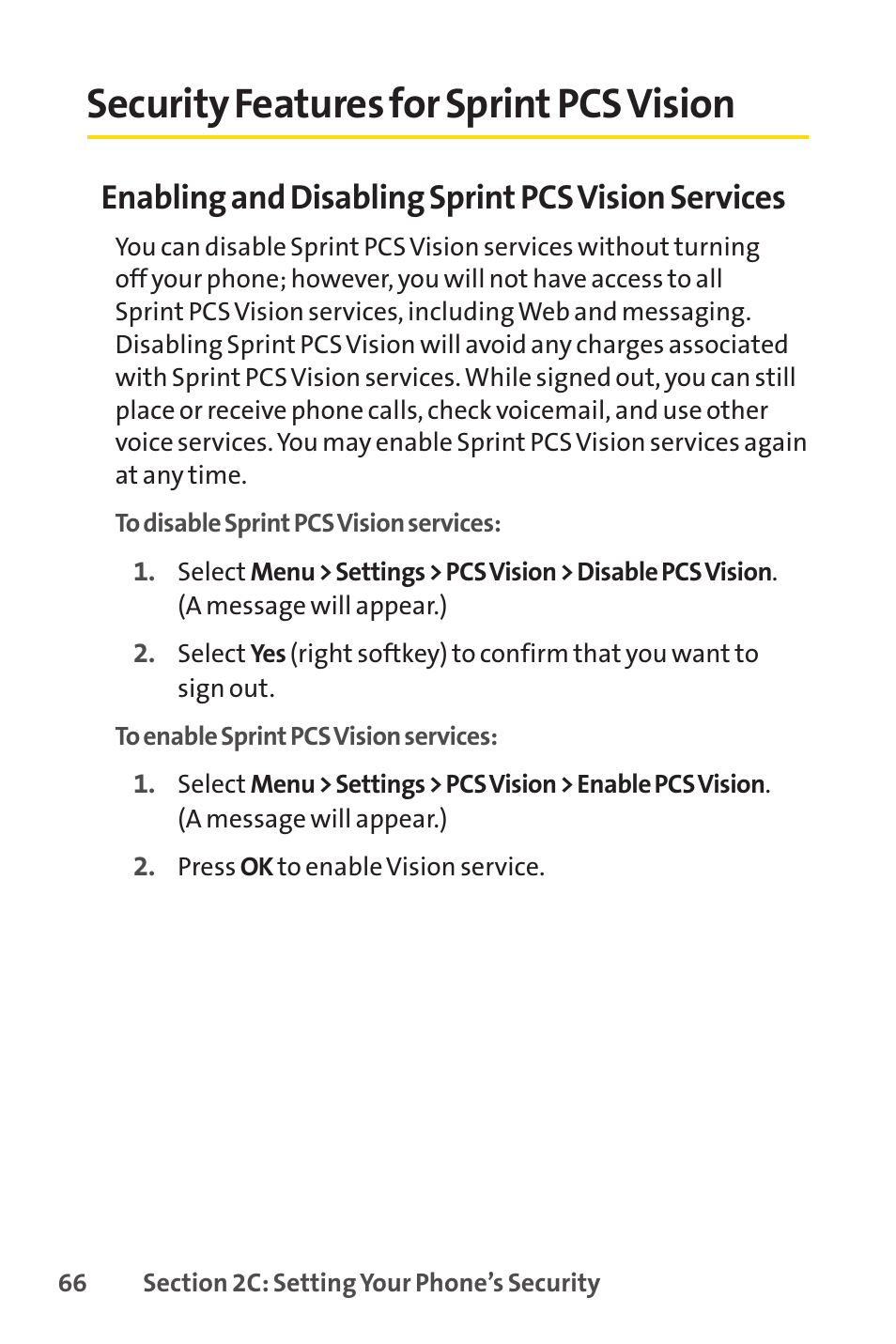Security features for sprint pcs vision, Enabling and disabling sprint pcs vision services | LG LX150 User Manual | Page 79 / 189