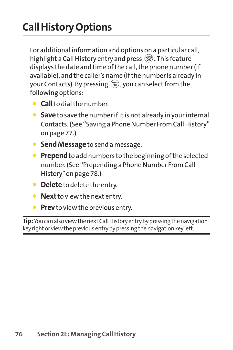 Call history options, Call, Save | Send message, Prepend, Delete, Next, Prev | LG LX150 User Manual | Page 89 / 189