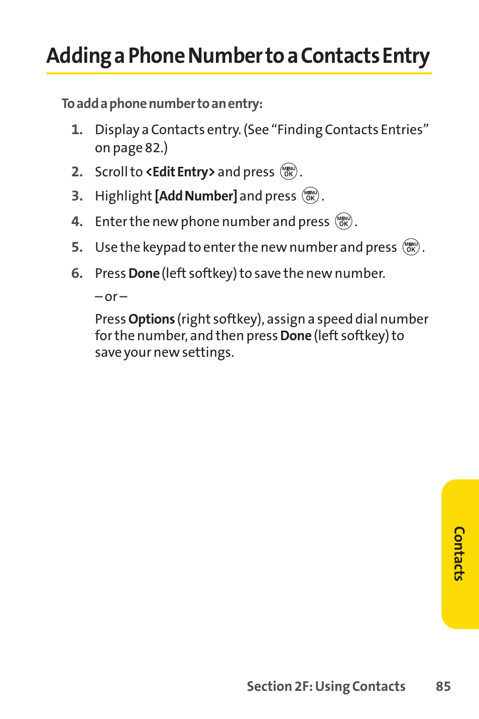 Adding a phone number to a contacts entry | LG LX150 User Manual | Page 98 / 189