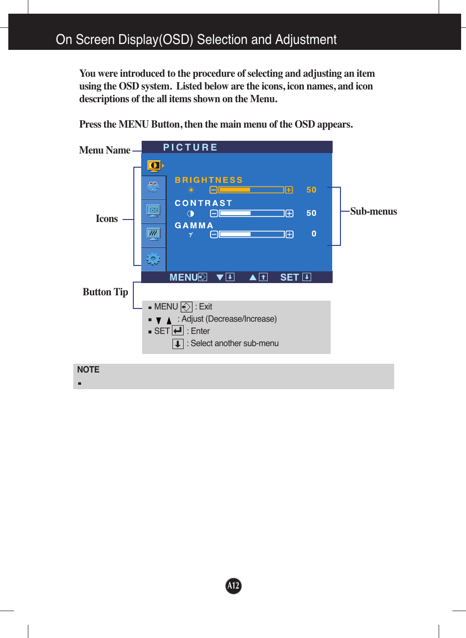 On screen display(osd) selection and adjustment | LG L1953T-BX User Manual | Page 13 / 26