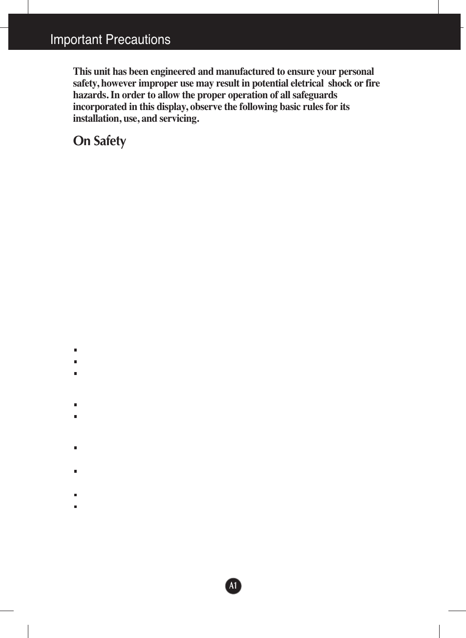 Important precautions, On safety | LG L1953T-BX User Manual | Page 2 / 26