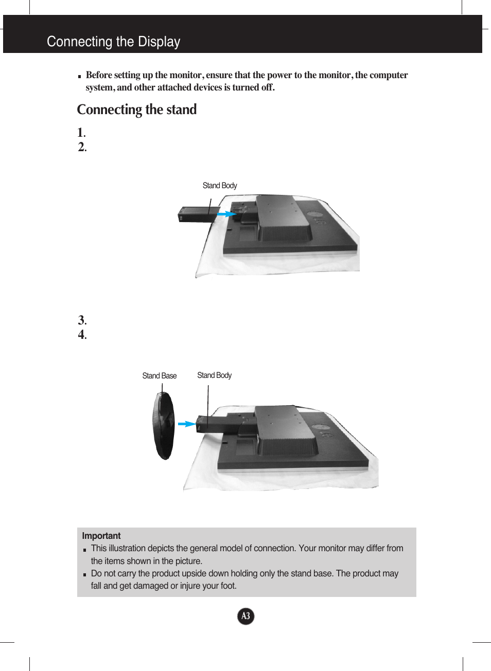 Connecting the display, Connecting the stand | LG L1953T-BX User Manual | Page 4 / 26